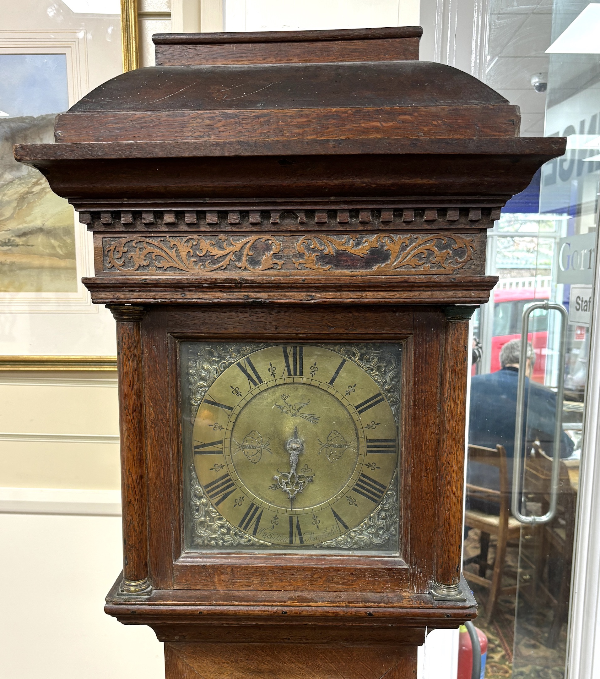 An 18th century oak thirty hour longcase clock, the 10in. square dial marked William Bassett, Mayfield, height 196cm